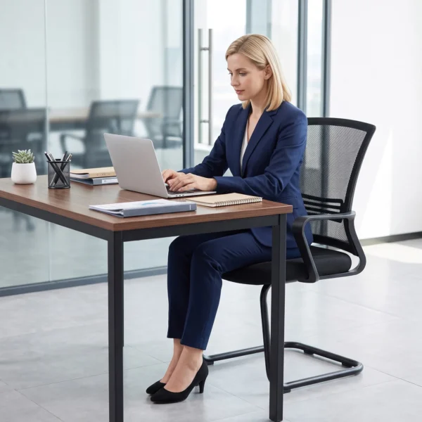 2 delige Set Ergonomische Bureaustoelen Zonder Wielen, Gevoerde Vergaderstoelen Met Sledeframe Voor Wachtkamers En Receptie, Zwart