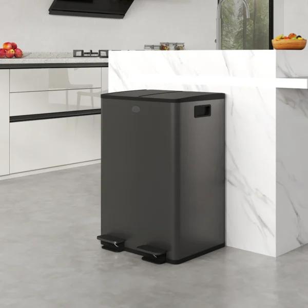 2 X 28 L Dubbele Vuilnisbak, Pedaalopening, Makkelijk Schoon Te Maken, Roestvrij Staal, Kunststof, Zwart