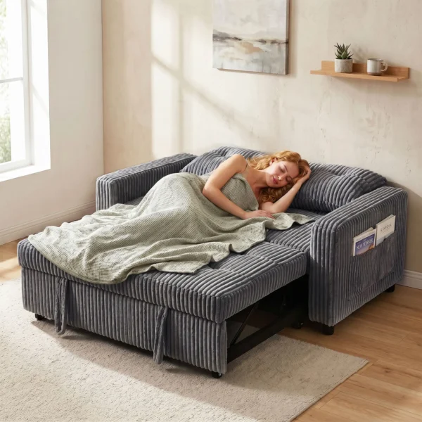 2 zits Slaapbank, Corduroy Bekleding, Om Te Bouwen Tot Slaapbank, 2 Kussens, Zijzakken, 157 X 190 Cm, Donkergrijs
