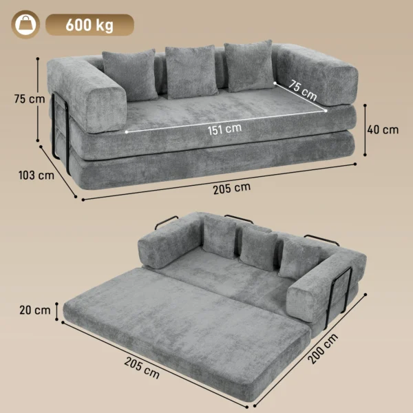 205 Cm Slaapbank, 5 in 1, Frameless Futonbank, 75 Cm Diepe Zitplaats, Hoogdicht Schuim, Grijs, Zonder Montage