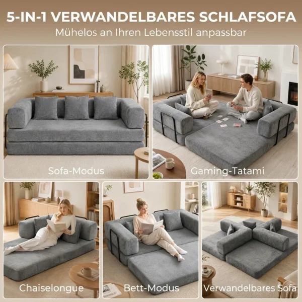 205 Cm Slaapbank, 5 in 1, Frameless Futonbank, 75 Cm Diepe Zitplaats, Hoogdicht Schuim, Grijs, Zonder Montage