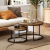 2er Set Runde Couchtische, Stapelbare Beistelltische Mit Metallrahmen, Wohnzimmertisch In Holzoptik, Kaffeetisch