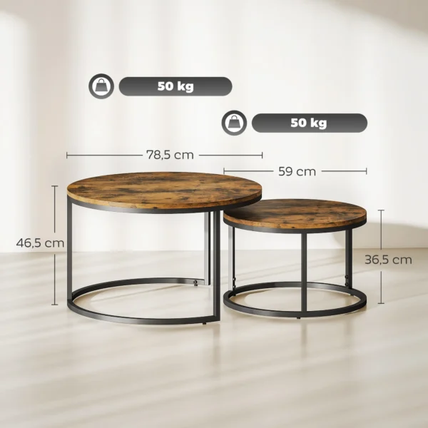 2er Set Runde Couchtische, Stapelbare Beistelltische Mit Metallrahmen, Wohnzimmertisch In Holzoptik, Kaffeetisch