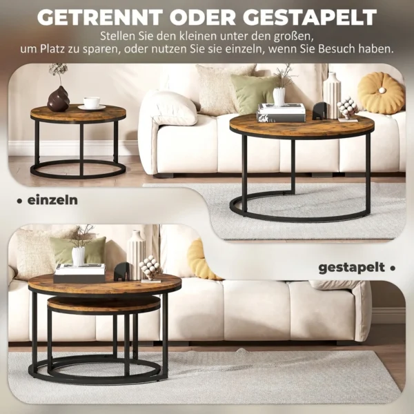 2er Set Runde Couchtische, Stapelbare Beistelltische Mit Metallrahmen, Wohnzimmertisch In Holzoptik, Kaffeetisch