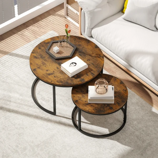 2er Set Runde Couchtische, Stapelbare Beistelltische Mit Metallrahmen, Wohnzimmertisch In Holzoptik, Kaffeetisch