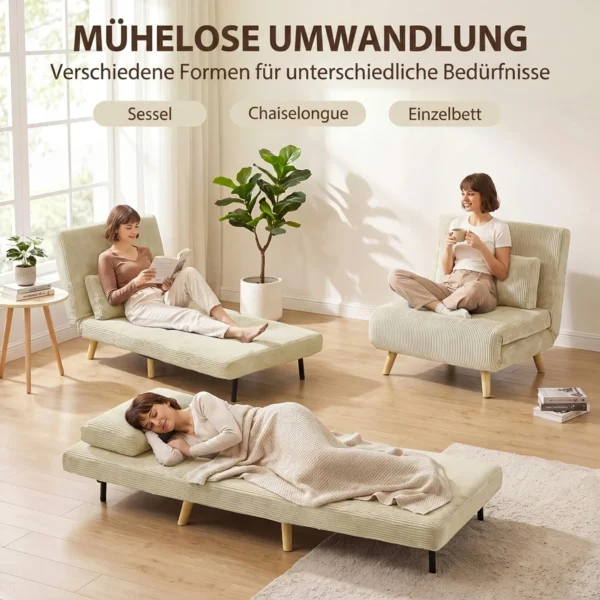 3 in 1 Slaapstoel, Uitklapbare Corduroy Stoel Met Slaapfunctie, Verstelbare Rugleuning, Kussen, Beige
