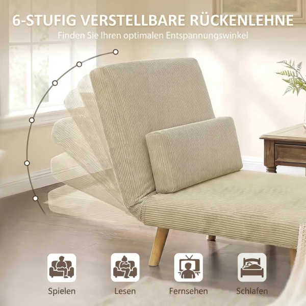 3 in 1 Slaapstoel, Uitklapbare Corduroy Stoel Met Slaapfunctie, Verstelbare Rugleuning, Kussen, Beige