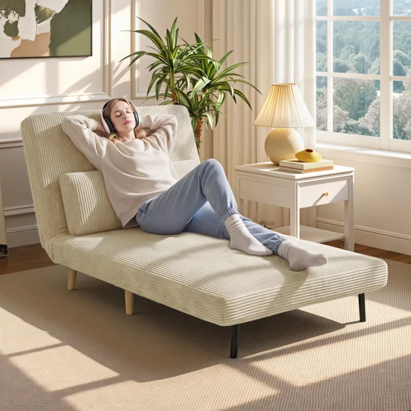 3 in 1 Slaapstoel, Uitklapbare Corduroy Stoel Met Slaapfunctie, Verstelbare Rugleuning, Kussen, Beige