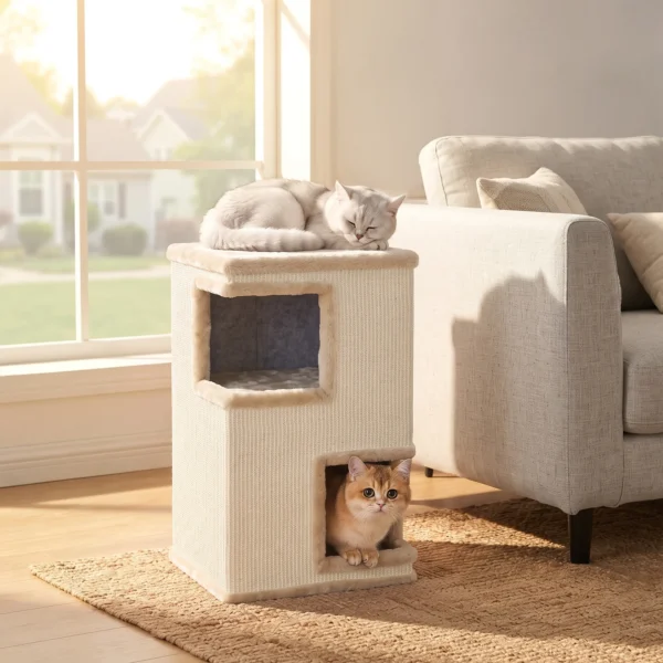 3 laags Katten Ton Voor Binnen, Halfgesloten Kattenhol Met Kraboppervlakken Rondom, 2 Kattenholen