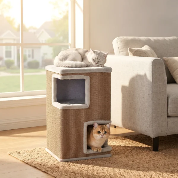 3 verdiepingen Katten Ton Voor Binnen, Halfgesloten Kattenhol Met Kraboppervlakken Rondom, 2 Kattenholen
