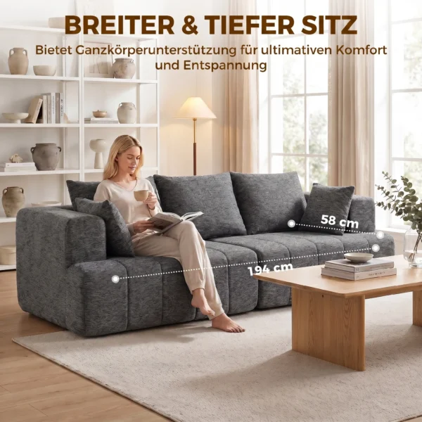 3 zitsbank, Cloud bank Van Chenille Met Dikke Springverenkussens, Brede En Diepe Zitvlak, Brede Armleuningen, Kussens, Grijs