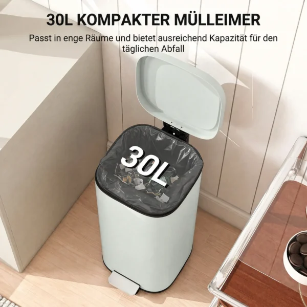 30L Keukenafvalbak Pedaalemmer Met Deksel, Soft Close En Openhoud Functie Voor Keuken, Thuis