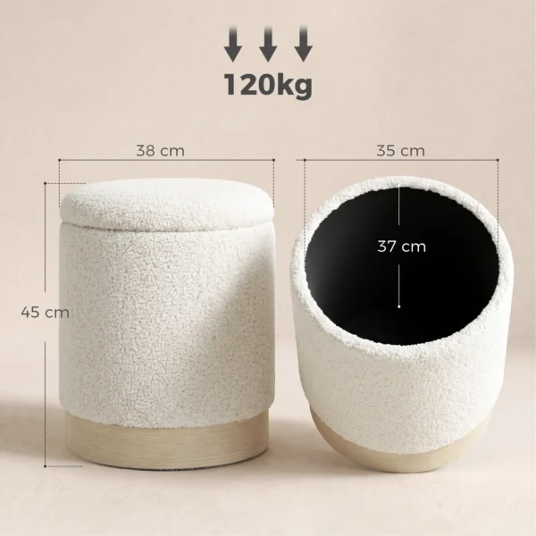 38 Cm Ronde Kruk Met Sherpa hoes, Opbergruimte En Houtlook metalen Voet, Crèmewit