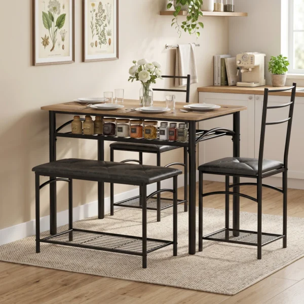 4 delige Eetgroepset, Industriële Keukentafel Met 2 Stoelen En Bank Voor 4 Personen, Gestoffeerde PU lederen Zitplaatsen, Bruin