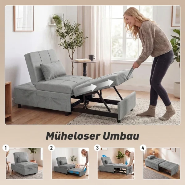 4 in 1 Klapstoel Met Zijtas, Logeerbed Met Kussen, Verstelbare Rugleuning, Bedstoel Met Wielen, Lichtgrijs