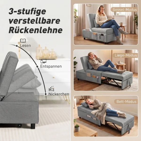 4 in 1 Klapstoel Met Zijtas, Logeerbed Met Kussen, Verstelbare Rugleuning, Bedstoel Met Wielen, Lichtgrijs