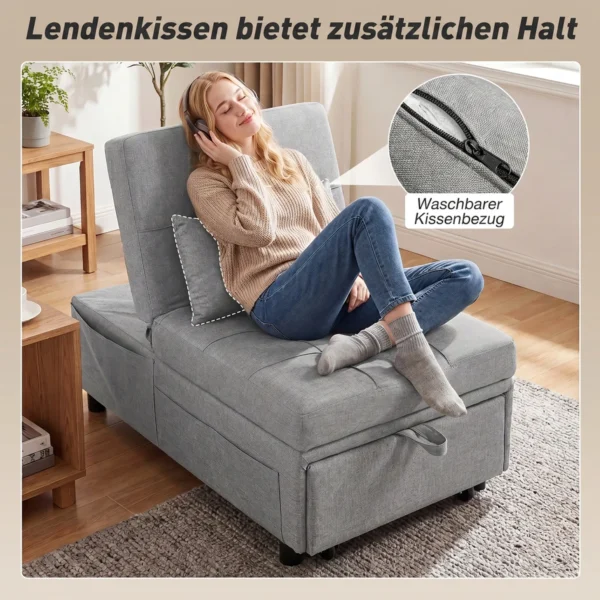 4 in 1 Klapstoel Met Zijtas, Logeerbed Met Kussen, Verstelbare Rugleuning, Bedstoel Met Wielen, Lichtgrijs