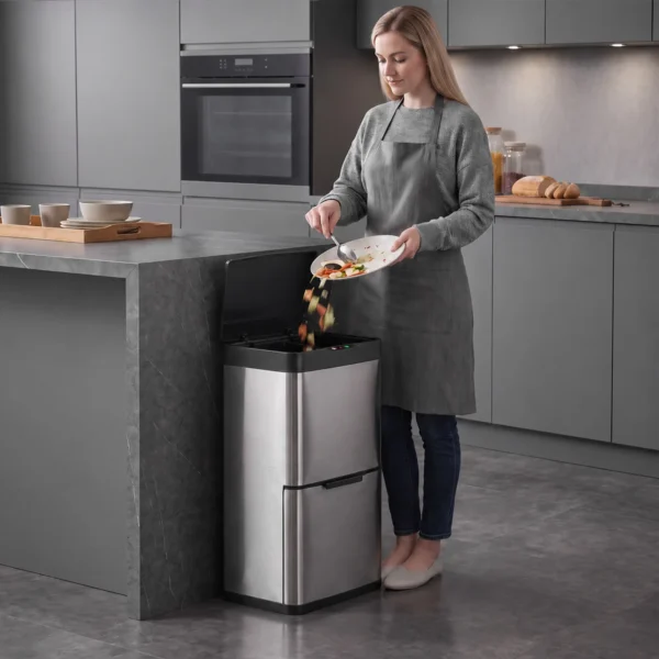 40L Sensormülleimer, 3 Fächer (2 X 12,5L + 15L), Mit Soft Close & Offenhaltefunktion, Silber