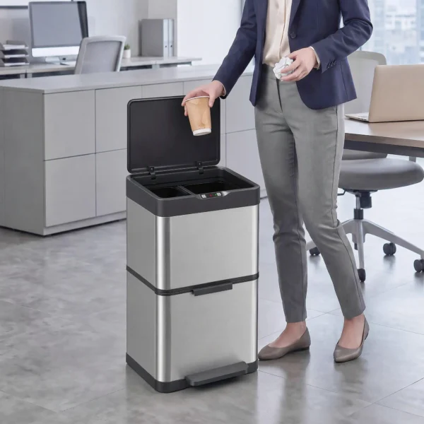 40L Sensormülleimer, 3 Fächer (2 X 12,5L + 15L), Mit Soft Close & Offenhaltefunktion, Silber