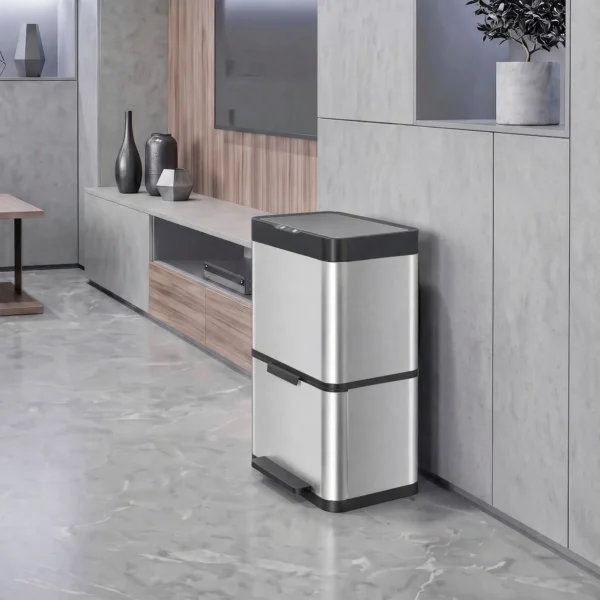 40L Sensormülleimer, 3 Fächer (2 X 12,5L + 15L), Mit Soft Close & Offenhaltefunktion, Silber