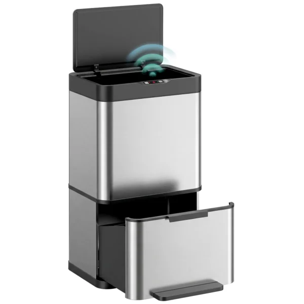 40L Sensormülleimer, 3 Fächer (2 X 12,5L + 15L), Mit Soft Close & Offenhaltefunktion, Silber