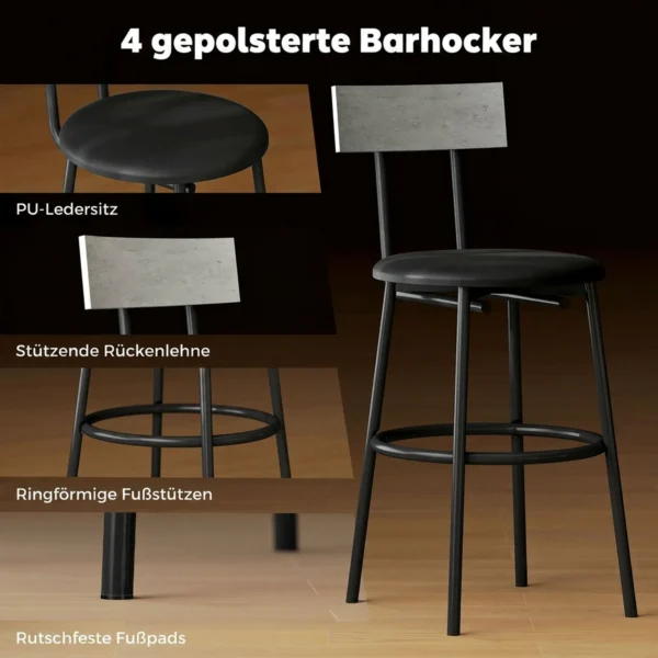 5 delig Bartafel Set Met 4 Stoelen, Industrieel Ontwerp, Voor Keuken, Eetkamer, Staal, Lichtgrijs