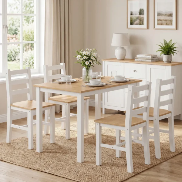 5 delige Eetgroep Voor 4 Personen, Landelijke Eettafel En Stoelen Van Massief Hout, Natuur/Wit