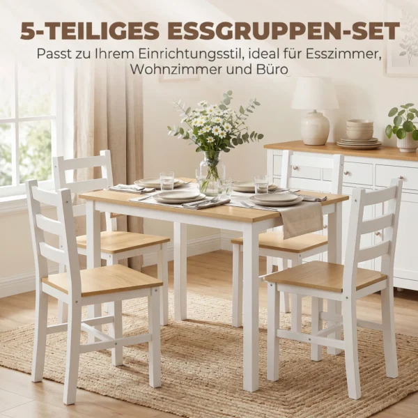 5 delige Eetgroep Voor 4 Personen, Landelijke Eettafel En Stoelen Van Massief Hout, Natuur/Wit