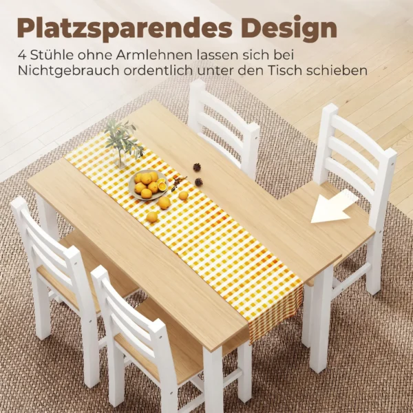 5 delige Eetgroep Voor 4 Personen, Landelijke Eettafel En Stoelen Van Massief Hout, Natuur/Wit