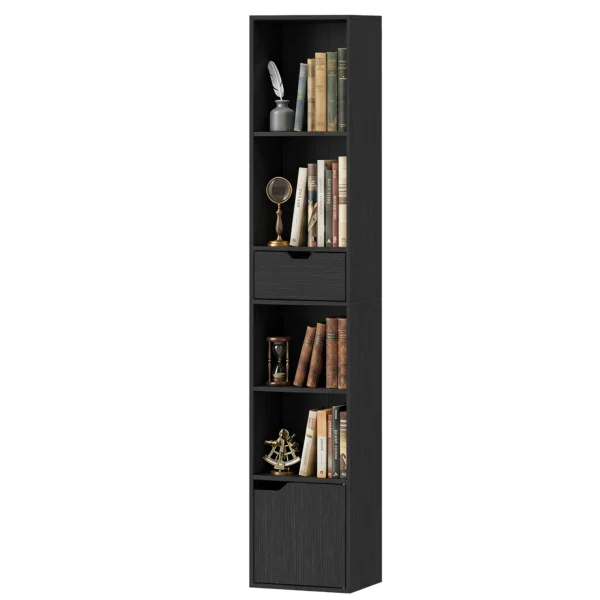 6 Vaks Boekenkast Met Lade En Verstelbare Plank, Vrijstaande Opbergkast, 30 X 24 X 158 Cm, Zwart