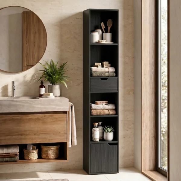 6 Vaks Boekenkast Met Lade En Verstelbare Plank, Vrijstaande Opbergkast, 30 X 24 X 158 Cm, Zwart