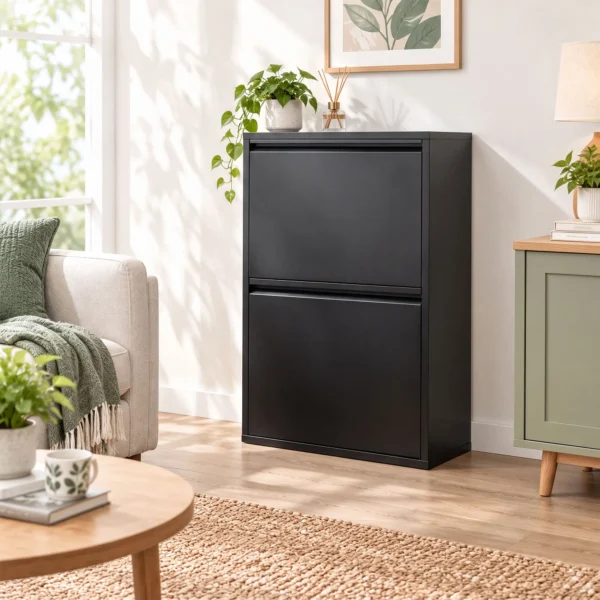 60L Müllschrank Mit Kippfächern, 4 fach Recycling Mülleimer, Schmal, Soft Close, Herausnehmbare Inneneimer, Schwarz
