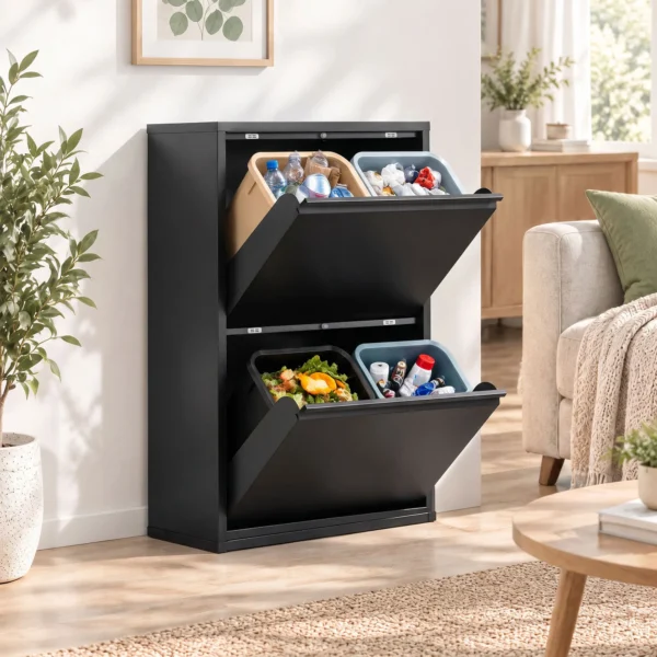 60L Müllschrank Mit Kippfächern, 4 fach Recycling Mülleimer, Schmal, Soft Close, Herausnehmbare Inneneimer, Schwarz
