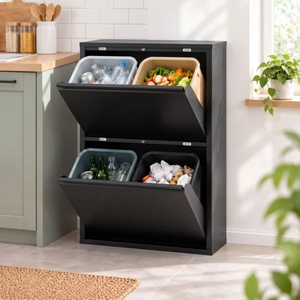 60L Müllschrank Mit Kippfächern, 4 fach Recycling Mülleimer, Schmal, Soft Close, Herausnehmbare Inneneimer, Schwarz