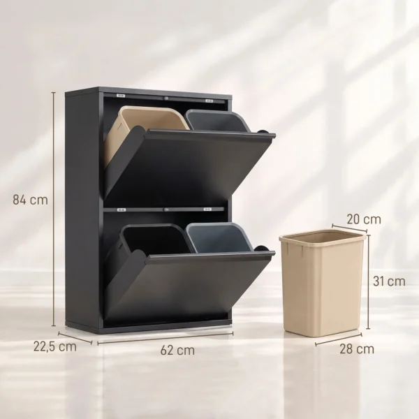 60L Müllschrank Mit Kippfächern, 4 fach Recycling Mülleimer, Schmal, Soft Close, Herausnehmbare Inneneimer, Schwarz