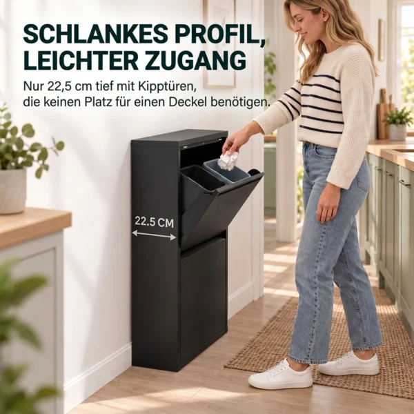 60L Müllschrank Mit Kippfächern, 4 fach Recycling Mülleimer, Schmal, Soft Close, Herausnehmbare Inneneimer, Schwarz