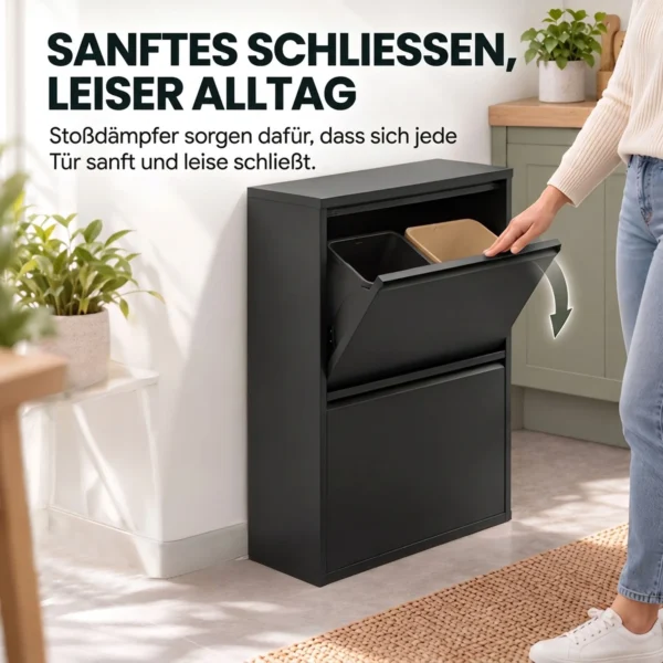 60L Müllschrank Mit Kippfächern, 4 fach Recycling Mülleimer, Schmal, Soft Close, Herausnehmbare Inneneimer, Schwarz