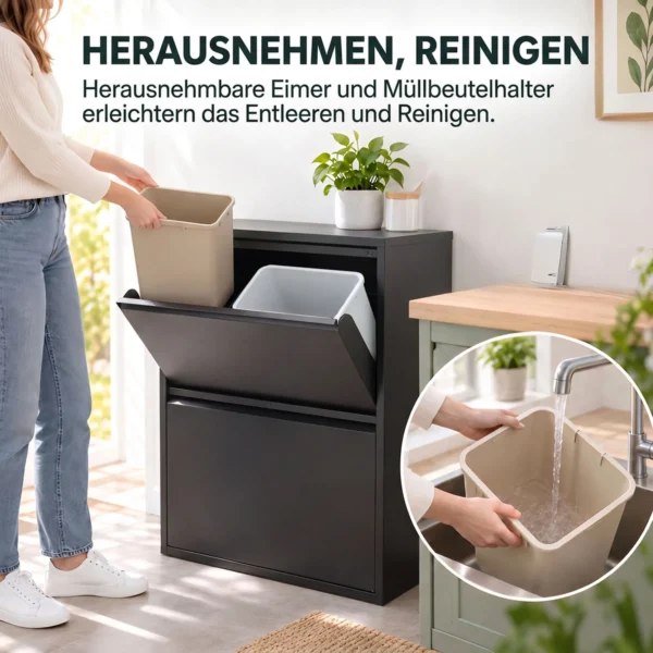 60L Müllschrank Mit Kippfächern, 4 fach Recycling Mülleimer, Schmal, Soft Close, Herausnehmbare Inneneimer, Schwarz