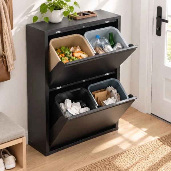 60L Müllschrank Mit Kippfächern, 4 fach Recycling Mülleimer, Schmal, Soft Close, Herausnehmbare Inneneimer, Schwarz