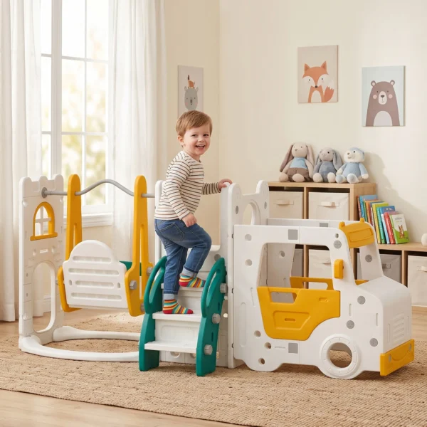 7 In 1 Kinderglijbaan Met Schommel Tunnel Tuin Glijbaan Met Auto Stuur Toeter Klimrek 4PCS Modules 1 4 Jaar Wit