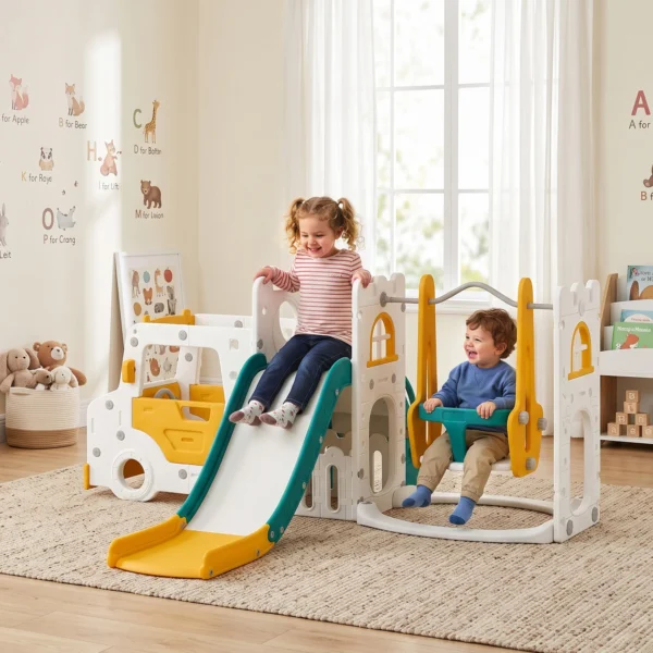 7 In 1 Kinderglijbaan Met Schommel Tunnel Tuin Glijbaan Met Auto Stuur Toeter Klimrek 4PCS Modules 1 4 Jaar Wit