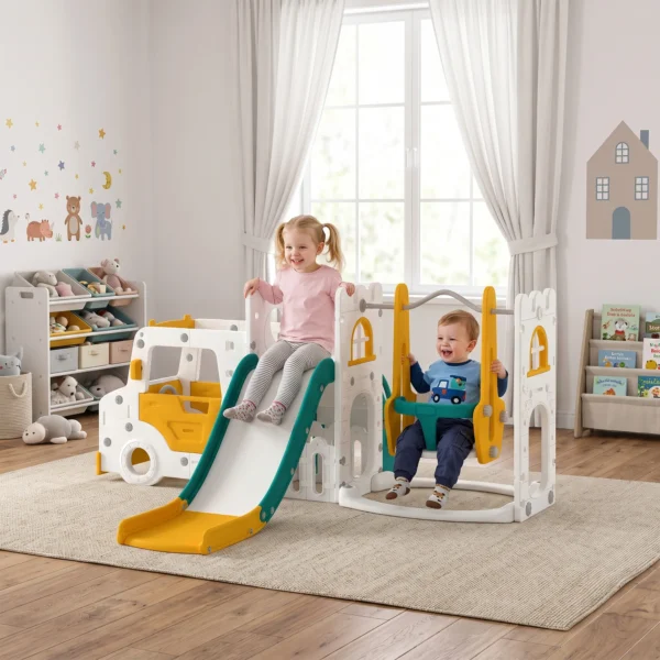 7 In 1 Kinderglijbaan Met Schommel Tunnel Tuin Glijbaan Met Auto Stuur Toeter Klimrek 4PCS Modules 1 4 Jaar Wit