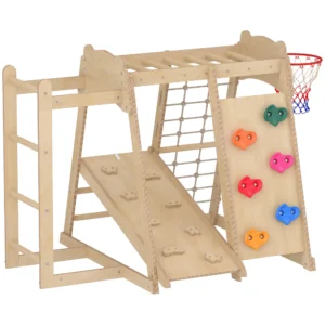 7 in 1 Montessori Klettergerüst Indoor Holz Spielplatz Mit Rutsche Kletterwand Kletterstangen Basketballkorb Leiter