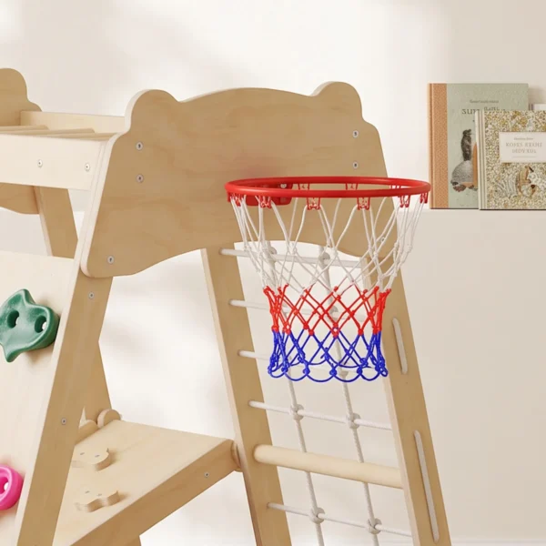 7 in 1 Montessori Klettergerüst Indoor Holz Spielplatz Mit Rutsche Kletterwand Kletterstangen Basketballkorb Leiter