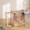7 in 1 Montessori Klettergerüst Indoor Holz Spielplatz Mit Rutsche Kletterwand Kletterstangen Basketballkorb Leiter