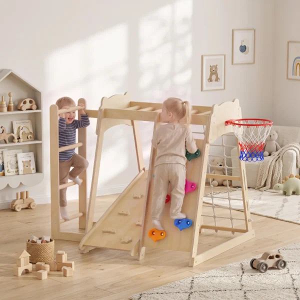 7 in 1 Montessori Klettergerüst Indoor Holz Spielplatz Mit Rutsche Kletterwand Kletterstangen Basketballkorb Leiter