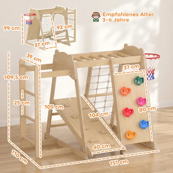 7 in 1 Montessori Klettergerüst Indoor Holz Spielplatz Mit Rutsche Kletterwand Kletterstangen Basketballkorb Leiter