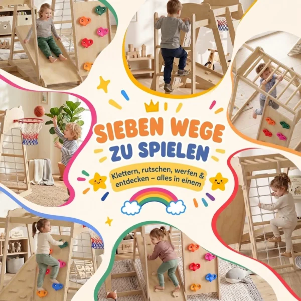7 in 1 Montessori Klettergerüst Indoor Holz Spielplatz Mit Rutsche Kletterwand Kletterstangen Basketballkorb Leiter