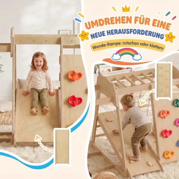 7 in 1 Montessori Klettergerüst Indoor Holz Spielplatz Mit Rutsche Kletterwand Kletterstangen Basketballkorb Leiter