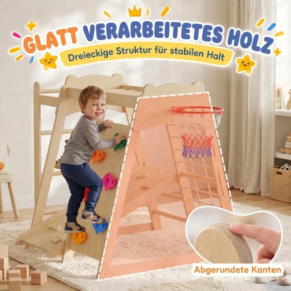 7 in 1 Montessori Klettergerüst Indoor Holz Spielplatz Mit Rutsche Kletterwand Kletterstangen Basketballkorb Leiter